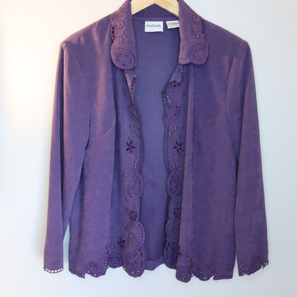 BonWorth Jacket Womens S Purple Long Sleeve Embroidered Cutout Collared 90s